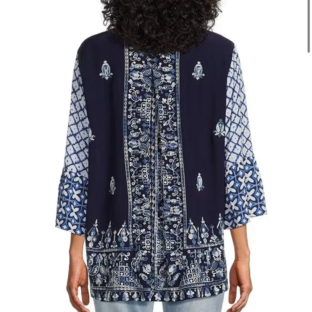 John Mark Woven Embroidered Tie Dye Print Wire Collar 3/4 Sleeve Button Tunic - Picture 2 of 16
